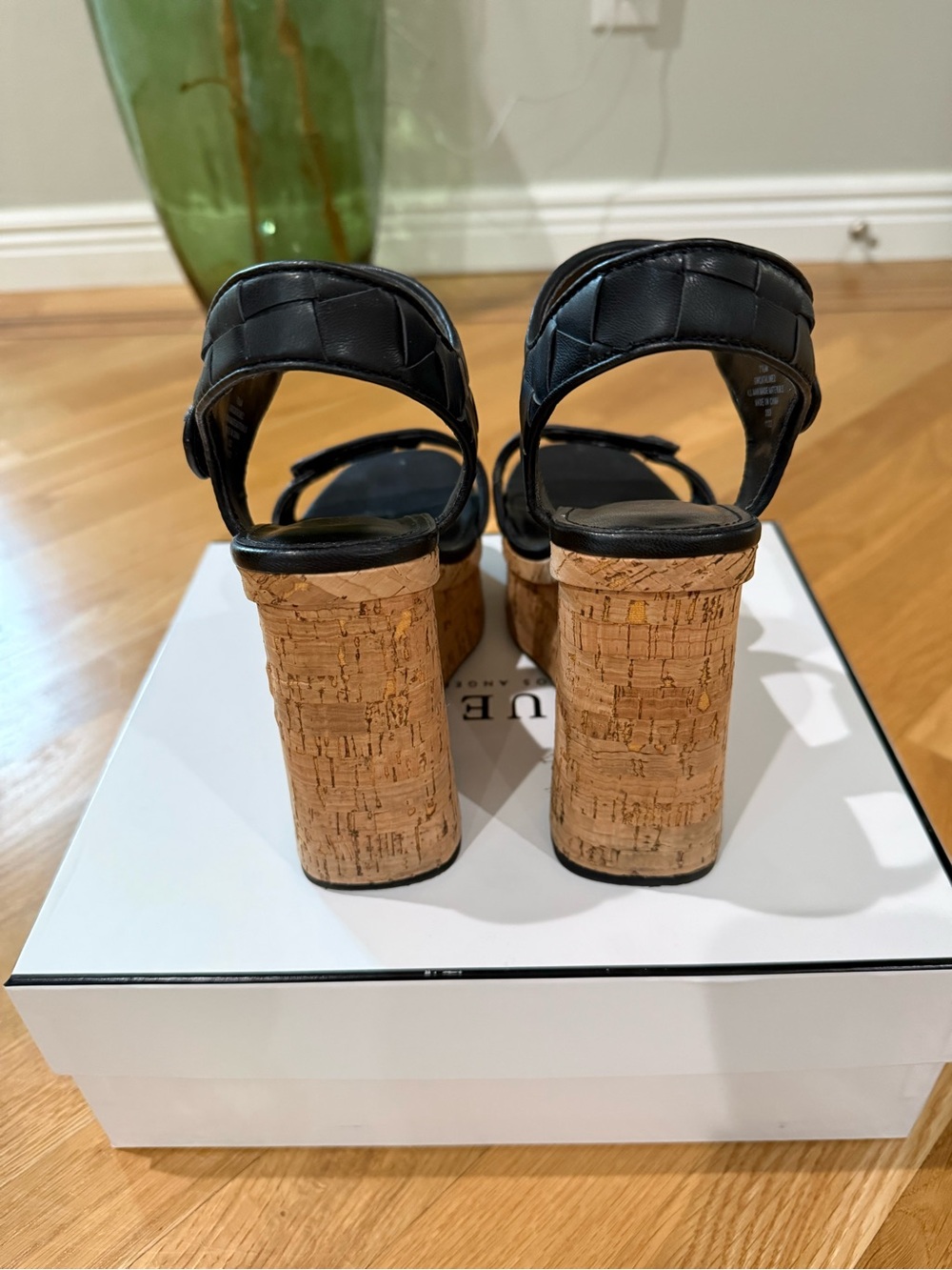 Guess Cataline Black Quilted Leather Cork Wedge Sandals - Picture 5 of 7